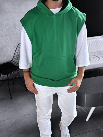 Yeşil Kapüşonlu Sıfır Kol Hoodie