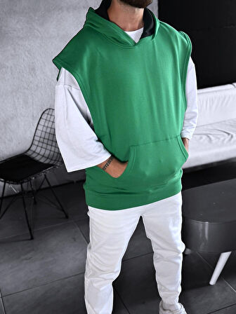 Yeşil Kapüşonlu Sıfır Kol Hoodie