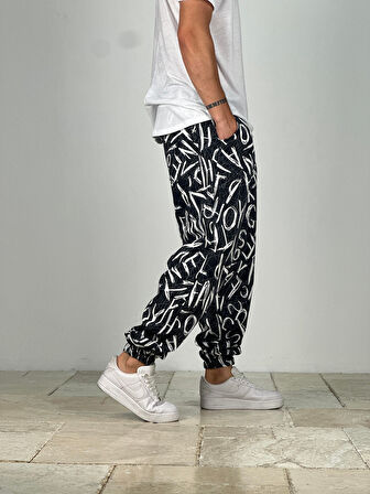 Siyah Beyaz Grafiti Desenli Jogger