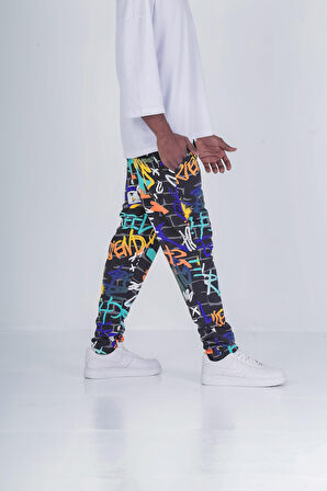 Renkli Grafiti Desenli Baget Pantolon