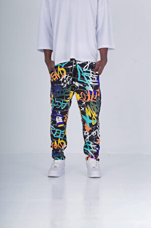 Renkli Grafiti Desenli Baget Pantolon