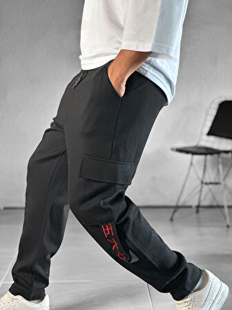 Kargo Cepli Chinese Detaylı Siyah Baggy Pantolon
