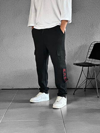 Kargo Cepli Chinese Detaylı Siyah Baggy Pantolon