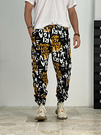 Erkek Grafiti Desenli Siyah Jogger