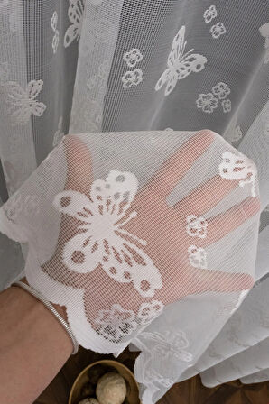 Çocuk Odası Kelebek Desenli Rustik Tül Perdesi Kuşgözü Perde Rustik Tül Perde