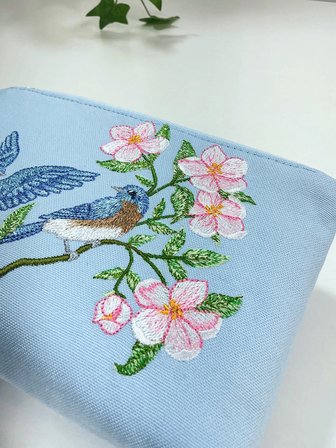 Blue Serenity Kadife Makyaj Çantası & Clutch | Kuş Çiçek Nakışlı, Pamuk Astarlı