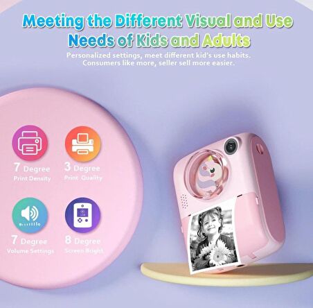 QASUL Anlık Termal Yazıcılı Dijital Çocuk Kamerası 2.0 Inç Hd 1080P Instant Photo Printer Camera cmr37pembekjdnc