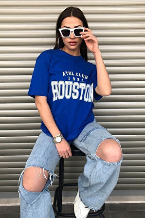 Siyah Houston Baskılı Oversize Kadın T-shirt