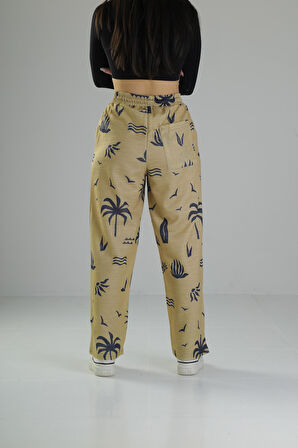 Ağaç Desenli Sarı Baggy Pantolon