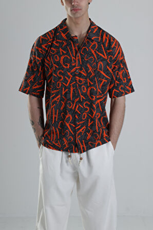 Turuncu Grafiti Desenli Gömlek
