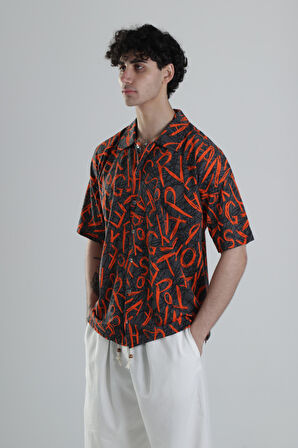Turuncu Grafiti Desenli Gömlek