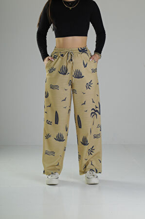 Ağaç Desenli Sarı Baggy Pantolon