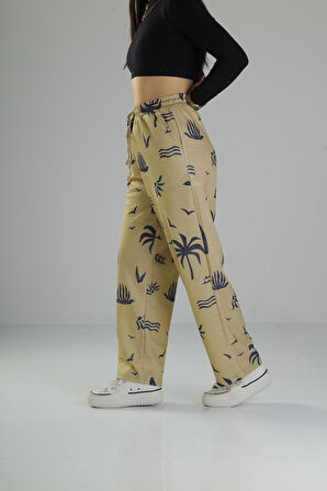 Ağaç Desenli Sarı Baggy Pantolon