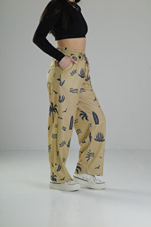 Ağaç Desenli Sarı Baggy Pantolon