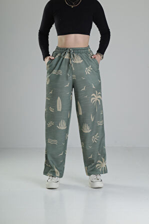 Yeşil Yaprak Desenli Baggy Pantolon
