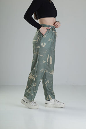 Yeşil Yaprak Desenli Baggy Pantolon
