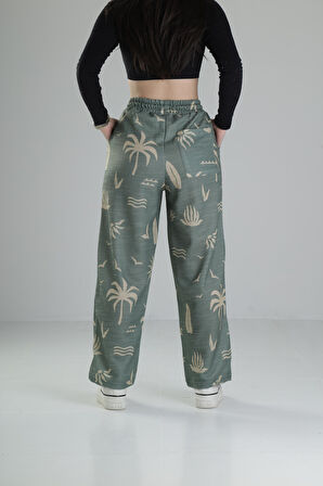 Yeşil Yaprak Desenli Baggy Pantolon