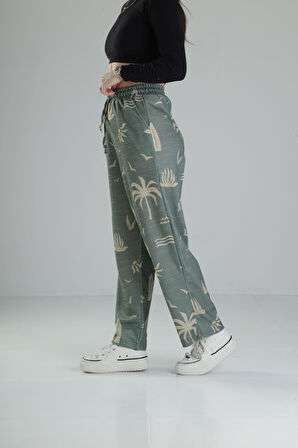 Yeşil Yaprak Desenli Baggy Pantolon