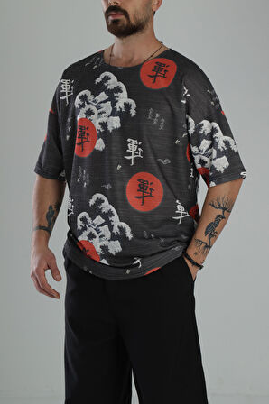 Çin Ağacı Desenli Oversize T-Shirt