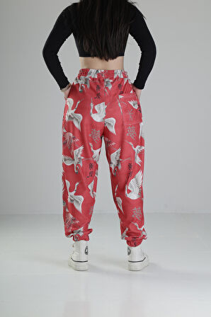Chinese Kuş Desenli Pileli Jogger