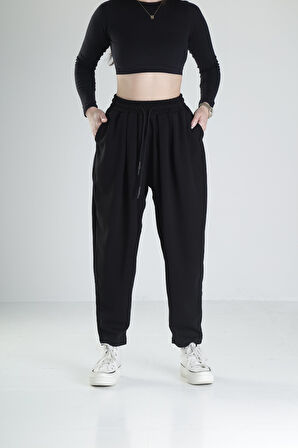 Pileli Siyah Jogger Pantolon