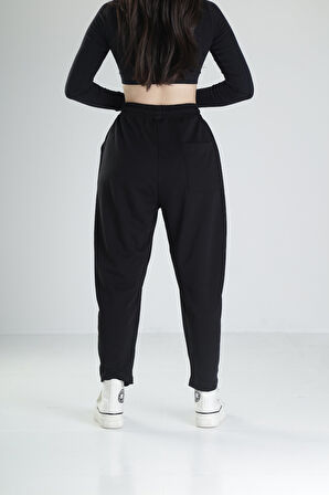 Pileli Siyah Jogger Pantolon