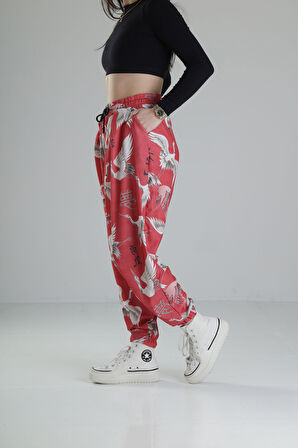 Chinese Kuş Desenli Pileli Jogger
