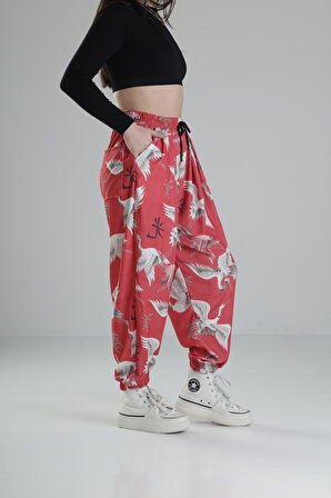 Chinese Kuş Desenli Pileli Jogger