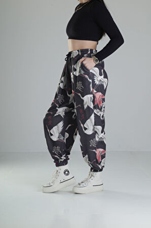 Chinese Kuş Desenli Pileli Jogger