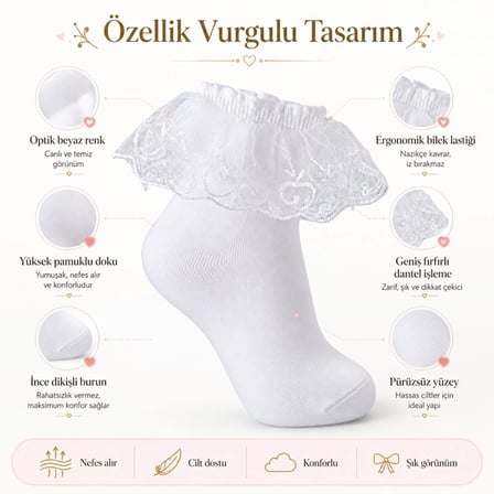 S'82 Kız Çocuk Beyaz Dantelli Soket Çorap 9-11 Yaş Yüksek Pamuklu