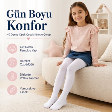 S'82 Kız Çocuk Külotlu Çorap Beyaz 40 Denye Pamuklu 5-6 Yaş