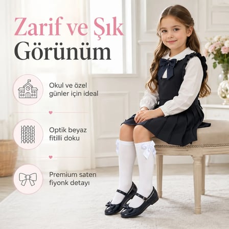 S'82 Kız Çocuk Beyaz Kurdeleli Diz Altı Pamuklu Çorap 5-6 Yaş