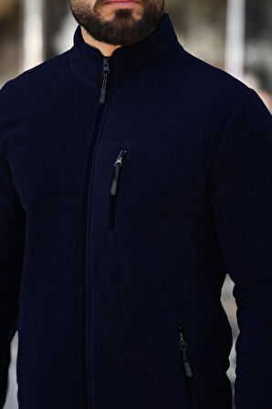 Erkek Lacivert Polar Standart Tam Fermuarlı 3 Cepli Erkek Polar