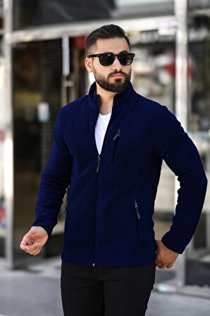 Erkek Lacivert Polar Standart Tam Fermuarlı 3 Cepli Erkek Polar