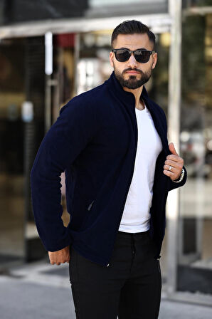 Erkek Lacivert Polar Standart Tam Fermuarlı 3 Cepli Erkek Polar