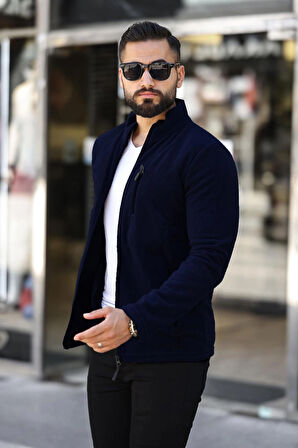 Erkek Lacivert Polar Standart Tam Fermuarlı 3 Cepli Erkek Polar