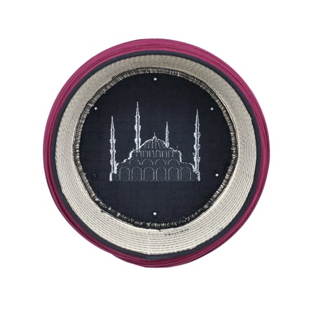Çocuk Cami Sarığı - Bordo Kumaş - Siyah Takke - Yuvarlak Sarım - Cami Nakışlı - 5 metre