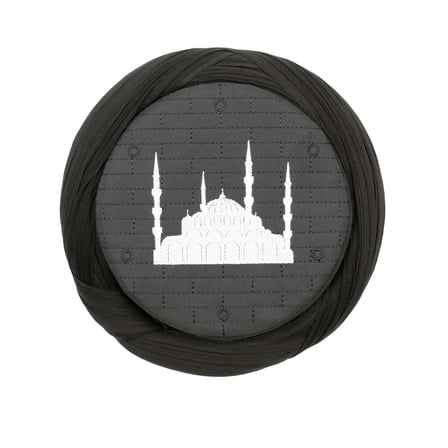 Çocuk Cami Sarığı - Siyah Kumaş - Siyah Takke - Çapraz Sarım - Cami Nakışlı - 7 metre