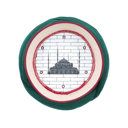 Çocuk  Cami Sarığı - Yeşil Kumaş - Bordo Takke - Çapraz Sarım - Cami Nakışlı - 7 metre