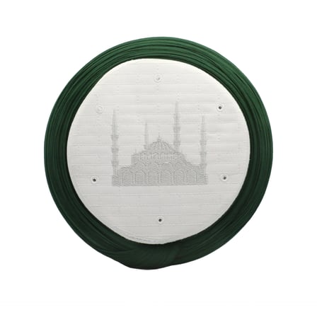 Çocuk Cami Sarığı - Yeşil Kumaş - Beyaz Takke - Yuvarlak Sarım - Cami Nakışlı - 7 metre