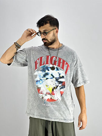 Erkek Yıkamalı Kumaş Baskılı T-Shirt