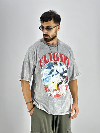 Erkek Yıkamalı Kumaş Baskılı T-Shirt