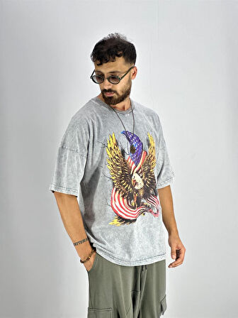 Erkek Yıkamalı Kumaş Baskılı T-Shirt