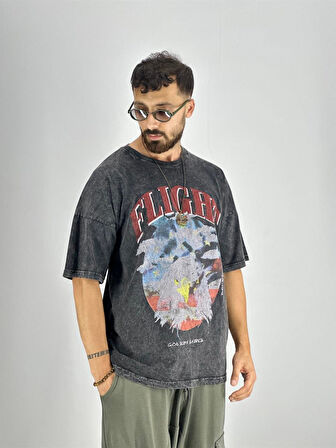 Erkek Yıkamalı Kumaş Baskılı T-Shirt