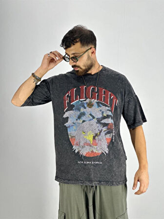 Erkek Yıkamalı Kumaş Baskılı T-Shirt