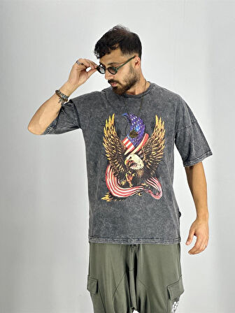 Erkek Yıkamalı Kumaş Baskılı T-Shirt