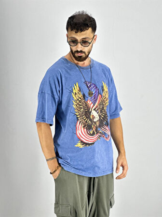 Erkek Yıkamalı Kumaş Baskılı T-Shirt