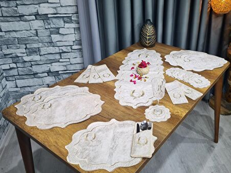 Çeyiz Diyarı Fiyonk Nakışlı 19 Parça Amerikan Servis Seti Krem Cappucino