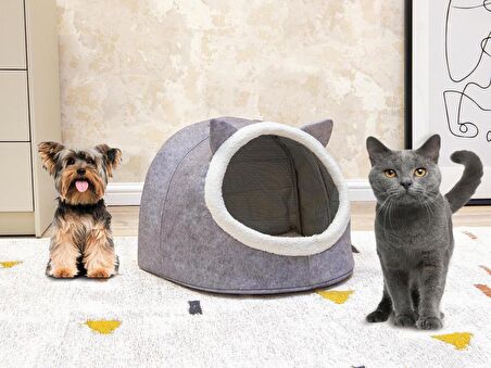 Çeyiz Diyarı Tek Katlı Minderli Kedi Evi Gri 