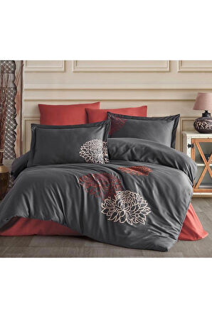 Maribor Home Siena Nakışlı %100 Pamuk Saten Çift Kişilik Nevresim Takımı Antrasit